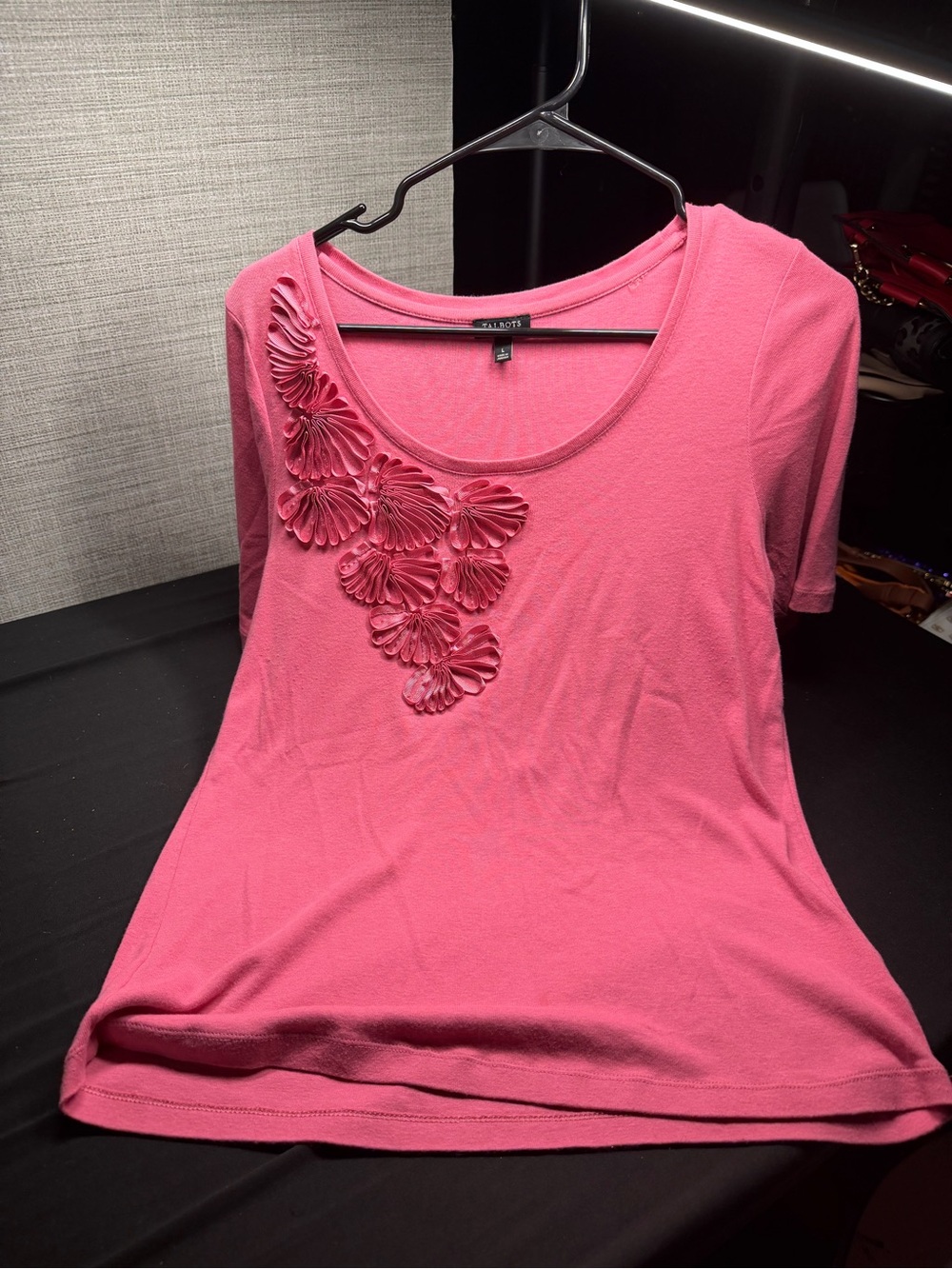 Talbots Pink Short Sleeve Scoop Neck Top with 3D Floral Appliqué